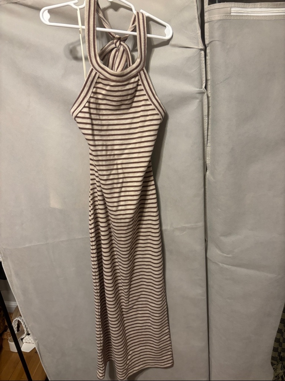 Striped Halter Maxi Dress in Beige and Brown